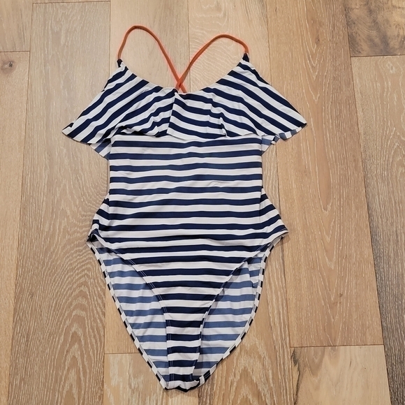 Tart Swim Collections one-piece navy/white striped lace up back swimsuit size L - Picture 2 of 7
